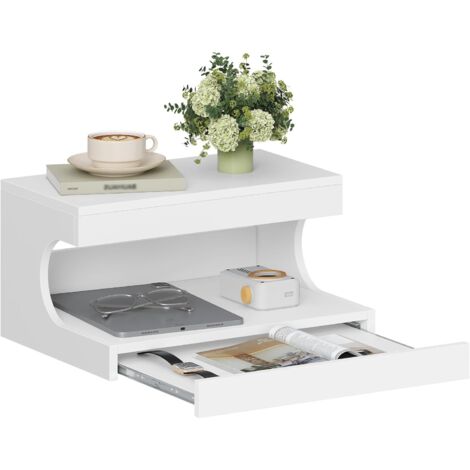 Table de Chevet Suspendue, Étagère Table de Nuit Murale avec Plateau Coulissant, Compartiment Ouvert, Moderne, pour Chambre à Coucher, Salon, Blanc