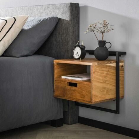 Table De Chevet Flottante Avec Tiroir - Design Mural Moderne En Noyer Pour Chambre Ou Salon