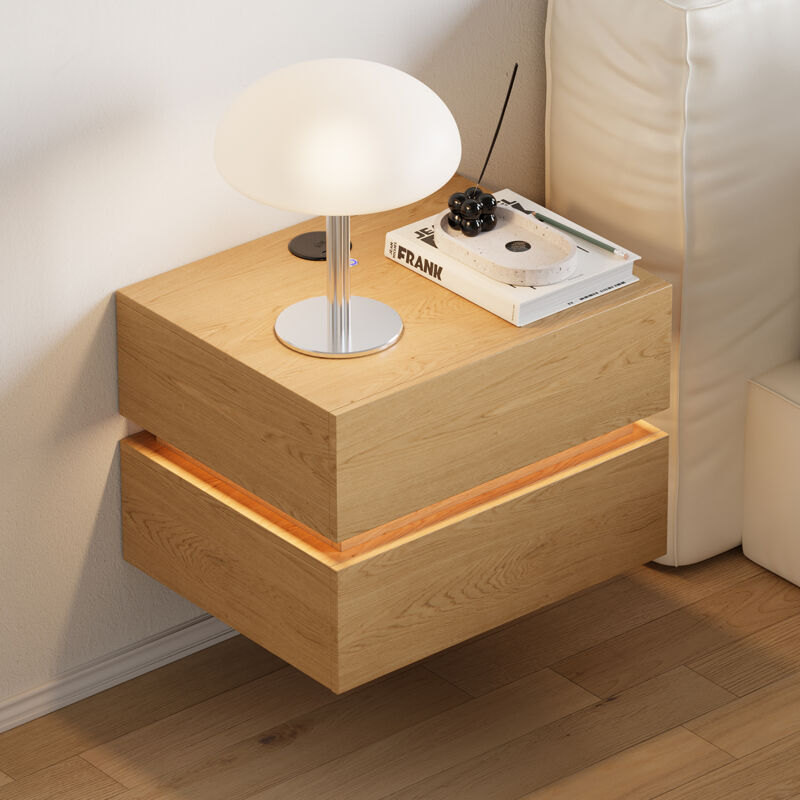 Table de chevet suspendue moderne et intelligente, équipée de deux tiroirs avec éclairage LED, d'une fonction d'éclairage et de chargement sans fil,