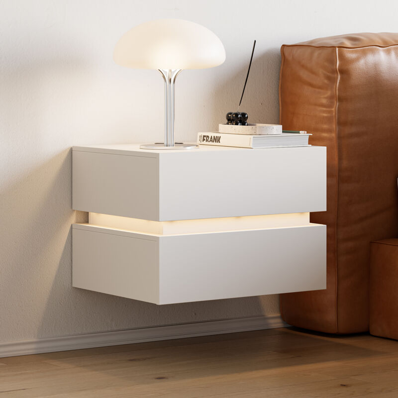 Table de chevet suspendue moderne et intelligente, équipée de deux tiroirs avec éclairage LED, d'une fonction d'éclairage et de chargement sans fil,