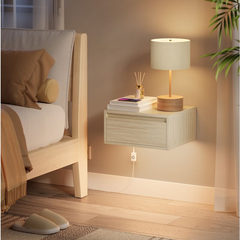 Table de Chevet Suspendue, Table de Nuit, Lumière 3 Couleurs, Étagère Murale Tiroir, 35 x 40 x 18 cm, Style Moderne, pour Chambre, Salon, Beige
