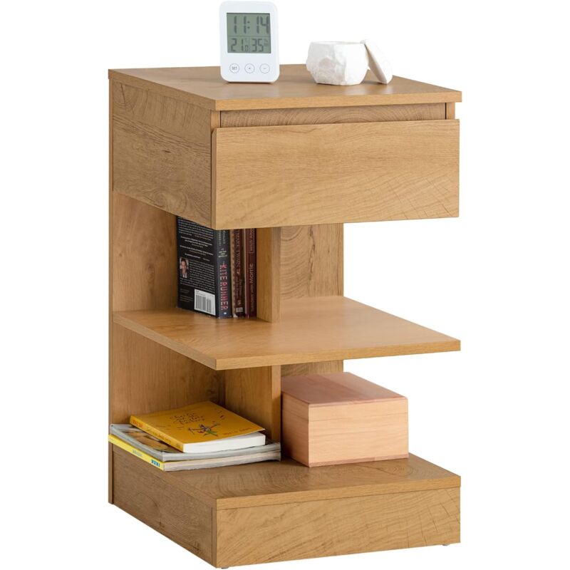 SoBuy FBT49-N Table de Chevet Table de Nuit Table d’Appoint Bout de Canapé avec 1 tiroir et 2 étagères de Rangement, naturel