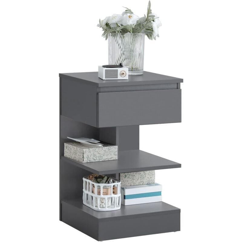SoBuy FBT49-HG Table de Chevet Table de Nuit Table d’Appoint Bout de Canapé avec 1 tiroir et 2 étagères de Rangement, gris