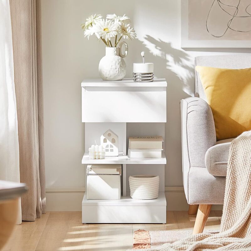Bout de Canapé Table d'appoint Table de chevet avec 1 tiroir et 2 étagères de rangement FBT49-W Sobuy