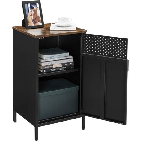 Table de Chevet, Table d’appoint, Meuble de Rangement, avec porte, avec étagère réglable, cadre en acier, pour Salon, Chambre, style industriel, Marron Rustique et Noir LSC101B01