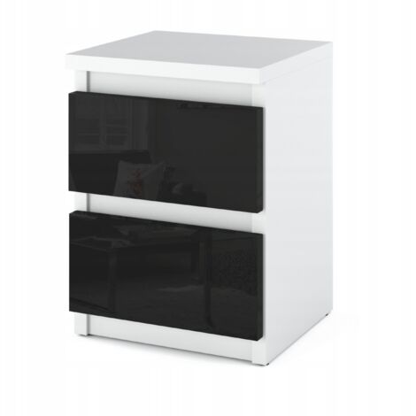 Table de chevet - table de chevet avec 2 tiroirs - blanc / noir brillant H40cm L30cm P30cm