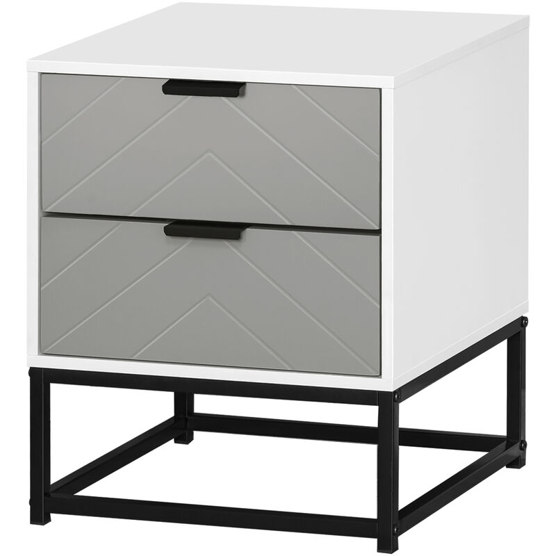 Table de chevet table nuit 2 tiroirs <strong>coulissants</strong> facade motif a chevron gris panneaux particules blanc pietement metal noir - gris