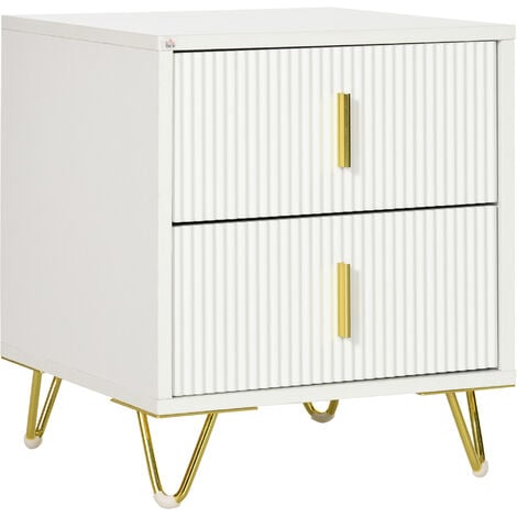 HOMCOM Table de chevet table de nuit 2 tiroirs coulissants façade ondulée MDF blanc piètement épingle métal doré