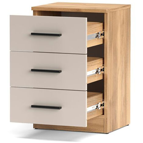 Table de chevet Table de nuit à 3 tiroirs coloris Beige/chêne Mauvella - Longueur 39,6 x Hauteur 59,5 x Profondeur 33,5 cm