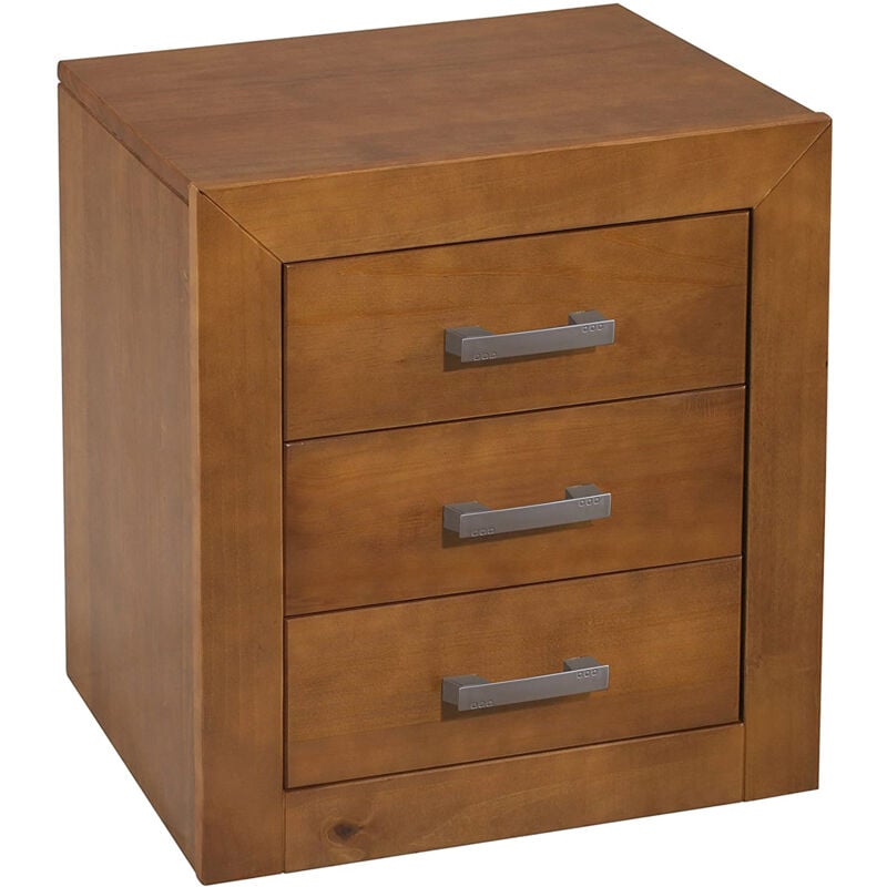 Table de chevet / table de nuit à 3 tiroirs en pin massif coloris Cerisier - Longueur 50 x Profondeur 35 x Hauteur 55 cm