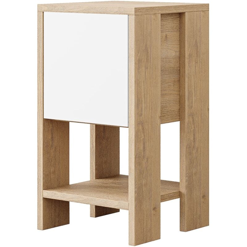Table de chevet, table de nuit avec 1 porte abattante coloris chêne cambrian, blanc - longueur 30 x profondeur 30 x hauteur 55 cm