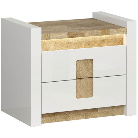 Table de chevet Table de nuit avec 2 tiroirs et éclairage LED , coloris Blanc brillant/Chêne clair - Longueur 97 x Profondeur 41,5 x Hauteur 123 cm