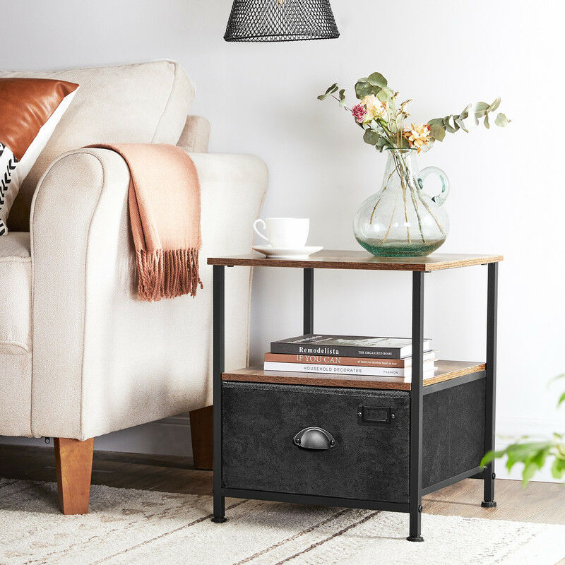Table de Chevet à tiroir en Tissu, avec 2 étagères, 41 x 41 x 47 cm, Style Industriel, Marron Rustique et Noir