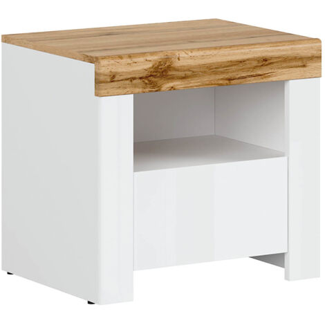 Table de chevet table de nuit avec tiroir, coloris Blanc/Chêne wotan - Longueur 54,5 x Profondeur 42 x Hauteur 50,5 cm