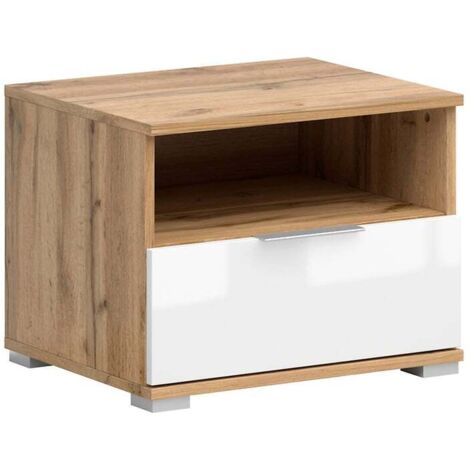 Table de chevet table de nuit avec tiroir coloris Chêne wotan/Blanc brillant - Longueur 50 x Profondeur 41 x Hauteur 38,5 cm