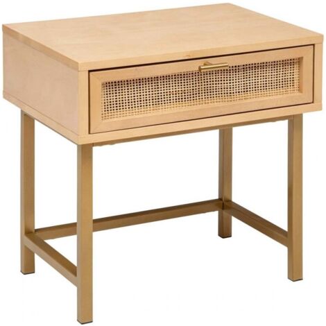 Table de chevet table de nuit avec un tiroir en cannage de rotin et des pieds en métal - Longueur 45 x Profondeur 35 x Hauteur 50 cm