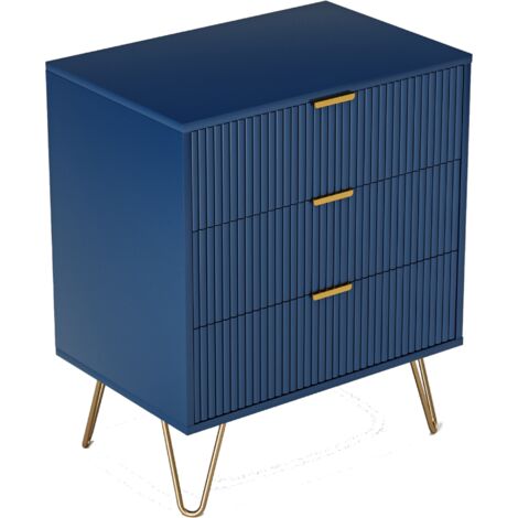Table de Chevet, Table de Nuit Chambre Adulte, 60 x 40 x 70 cm, 3 Tiroirs, Bout de Canapé, Table d'Appoint, Salon, Bureau bleu