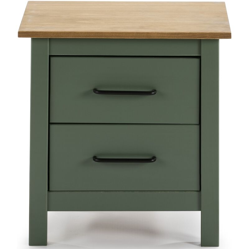 Table de chevet, table de nuit en pin massif décor ciré vert et chêne - Longueur 46 x Profondeur 35 x Hauteur 49.5 cm Pegane