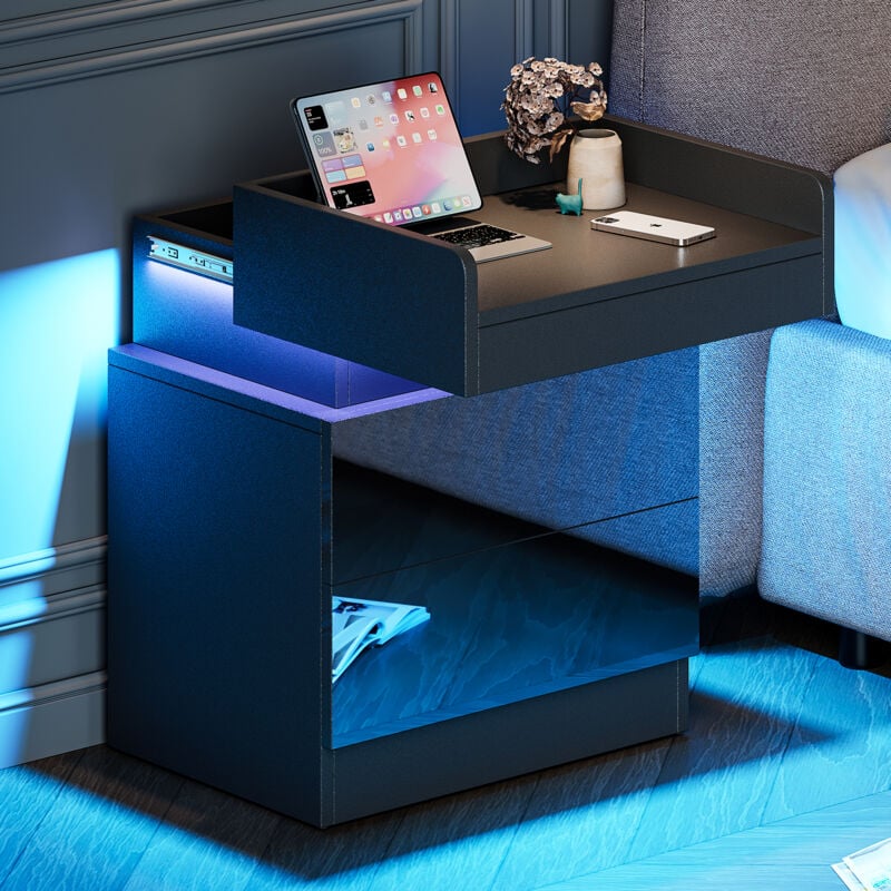 Table de Chevet avec Bande led Multicolore et 2 tiroirs de rangement,Chevet avec Espace de stockage au niveau supérieur,45x33.5x58cm,Noir