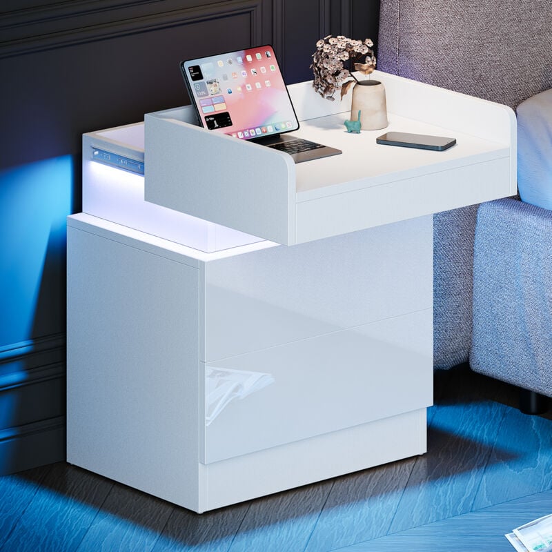 Table de Chevet Table de Nuit led avec 2 tiroirs de rangement et Bande led Multicolore,Espace de stockage au niveau supérieur,45x33.5x58cm,Blanc