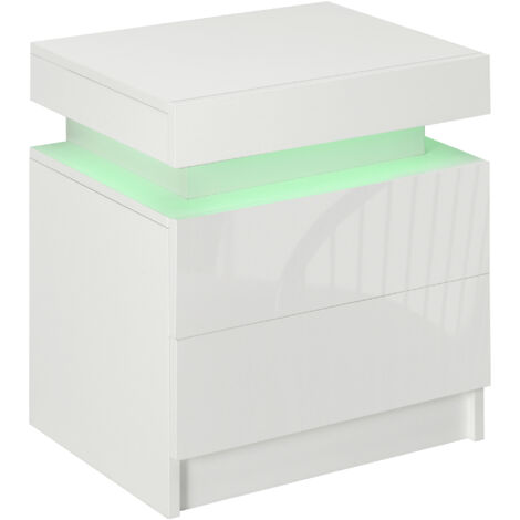 Table de chevet table de nuit lumière LED RVB panneau haute brillance avec 2 tiroirs pour salon chambre à coucher blanc