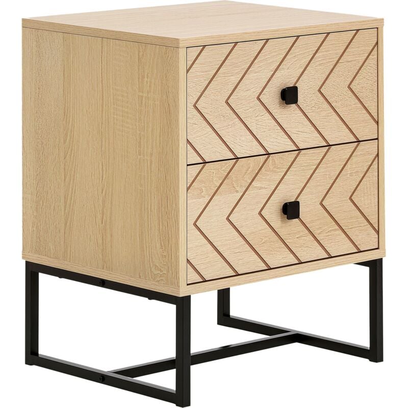 Table de chevet table de nuit style graphique 48L x 39,5l x 60H cm 2 tiroirs métal noir panneaux particules mdf imitation bois clair