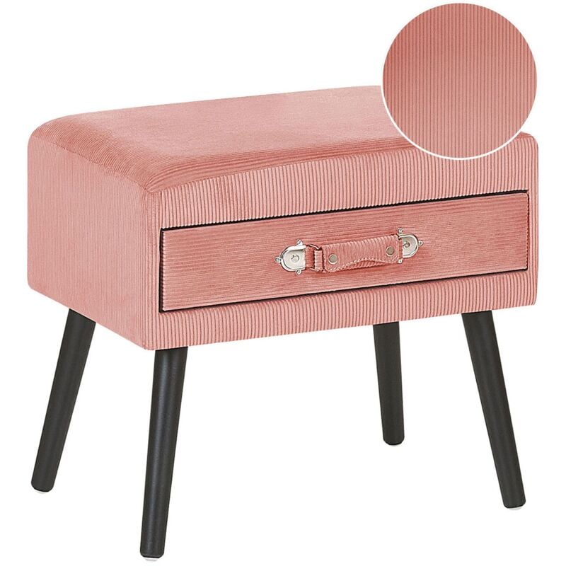 Table de Chevet Tabouret en Velours Côtelé Rose avec Pieds Obliques en Bois et Tiroir Pratique Design Tendance pour Chambre Rétro et Vintage Beliani