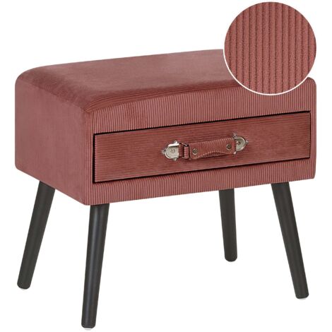 Table de Chevet Tabouret en Velours Côtelé Rose avec Pieds Obliques en Bois et Tiroir Pratique Design Tendance pour Chambre Rétro et Vintage Beliani