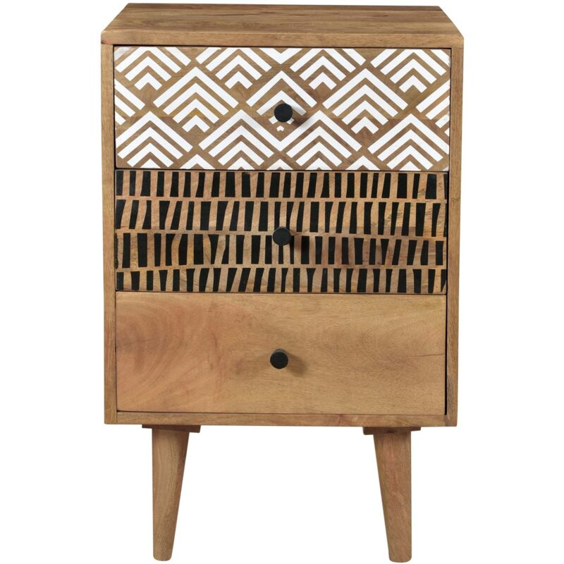 Table de chevet en bois, 3 tiroirs à motifs - tali