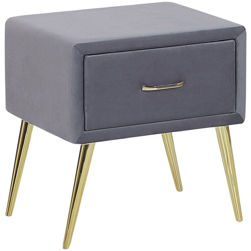 Table de Chevet Tapissé en Velours Gris avec Tiroir et Pieds Obliques en Métal Doré Idéale pour Chambre Minimaliste et Glamour Beliani