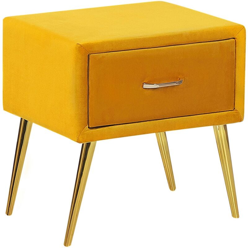 Beliani - Table de Chevet Tapissé en Velours Jaune avec Tiroir et Pieds Obliques en Métal Doré Idéale pour Chambre Minimaliste et Glamour