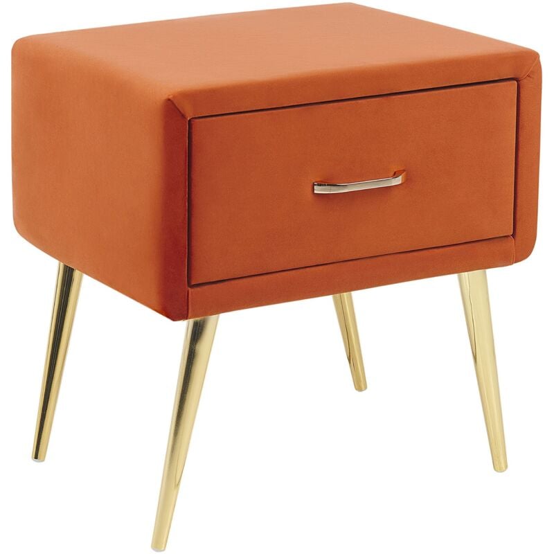 Table de Chevet en Velours Orange et Métal Doré 1 Tiroir Pratique Elégant Flayat