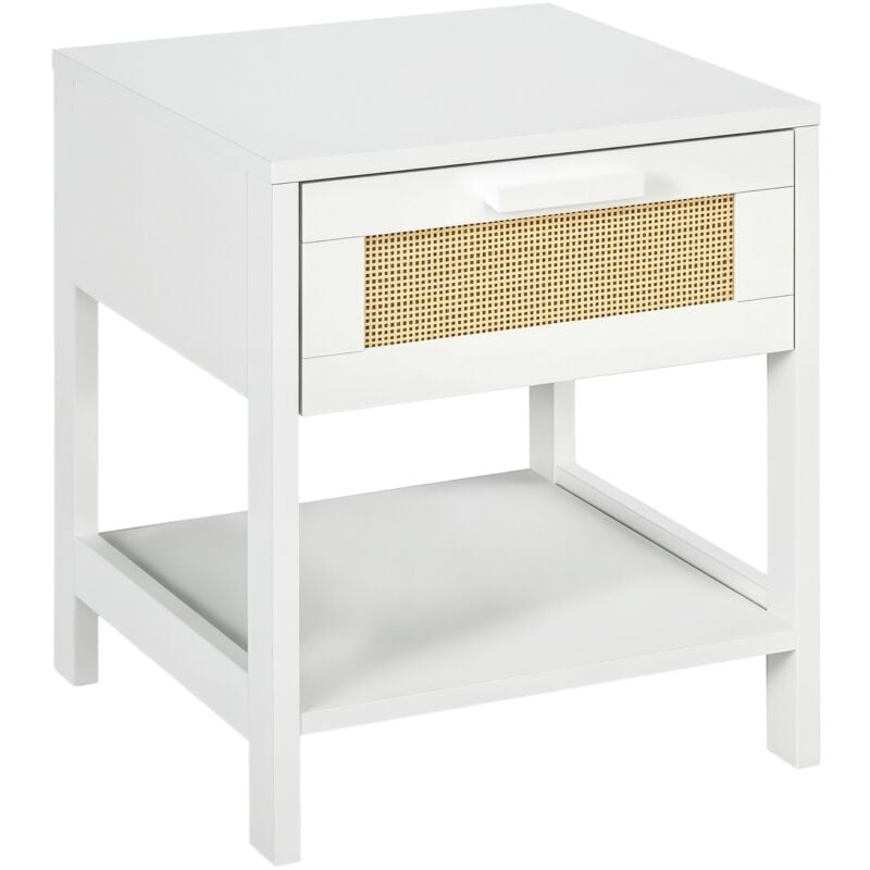 Table de chevet tiroir et étagère cannage en rotin dim. 40L x 40l x 48H cm mdf aspect bois blanc