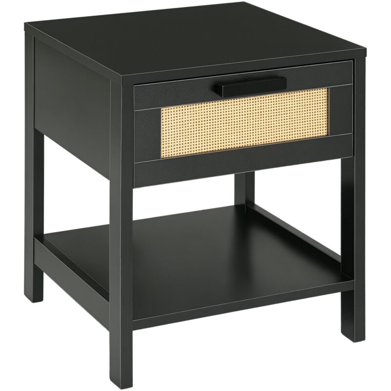 Table de chevet tiroir et étagère cannage en rotin dim. 40L x 40l x 48H cm mdf aspect bois noir