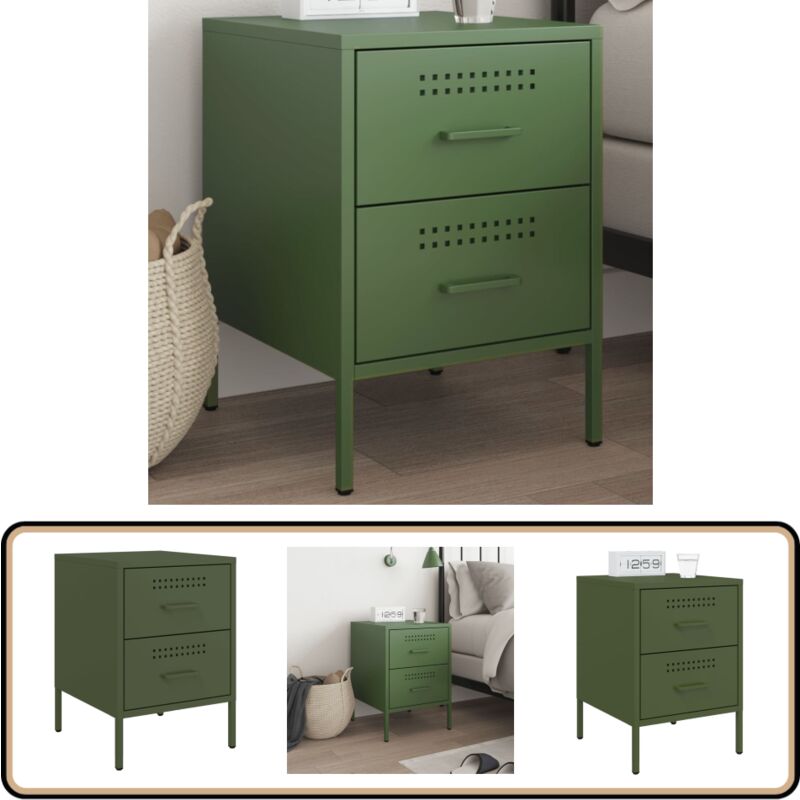 Table de chevet vert olive 36x39x50,5 cm acier - Table De Chevet Industrielle - Table De Nuit - Table D'appoint - Meuble De Rangement - Design