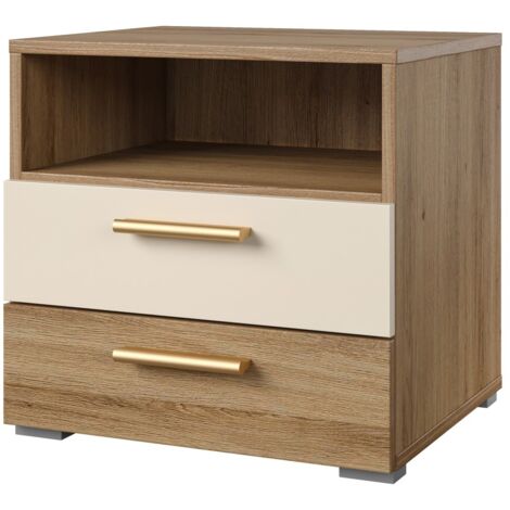 Table de chevet VERTIGO – 2 tiroirs + 1 niche – Chêne sauvage et beige sable – Poignées dorées