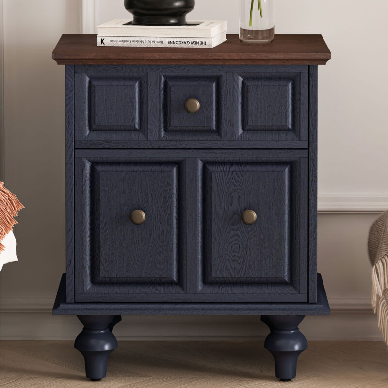 Liberté - Table de chevet vintage 52x40x60.5cm, avec 2 tiroirs et pieds romains, bois massif ,Bleu