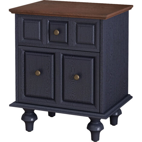 Table de Chevet Vintage Bleu Foncé 52cm Bois Massif, 2 Tiroirs Pieds Colonne Romaine