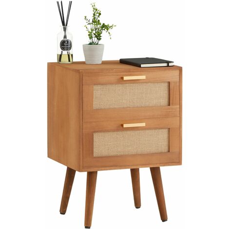 Table de chevet WAMAN petite commode de nuit avec 2 tiroirs, en bois de paulownia lasuré blanc et lin naturel, style vintage - Blanc