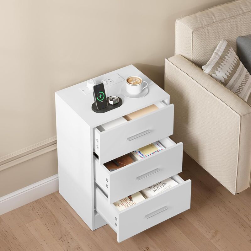 Woltu - Table de Chevet Table d'Appoint, avec Prise Intégrée, Station de Charge, 2 Prises ac, 1 Port usb, 1 Port Type-C, 39x28,5x54,5cm, Blanc