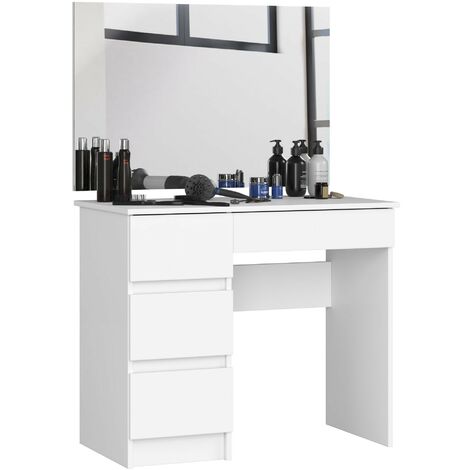 Table de coiffeuse AKORD droite, avec miroir 500x600 Blanche 90 cm 4 tiroirs façade Blanche 90x50x142 cm