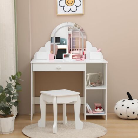 Table de Coiffeuse et Bureau 2-en-1pour Enfants+Miroir LED––Coiffeuse Maquillage et Table d’Étude+Tiroirs-Blanc +accessoires