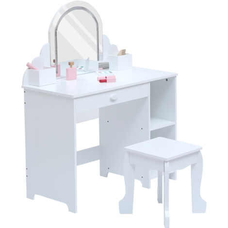 Table de Coiffeuse et Bureau 2-en-1pour Enfants+Miroir LED––Coiffeuse Maquillage et Table d’Étude+Tiroirs, Étagères Ouvertes-Blanc