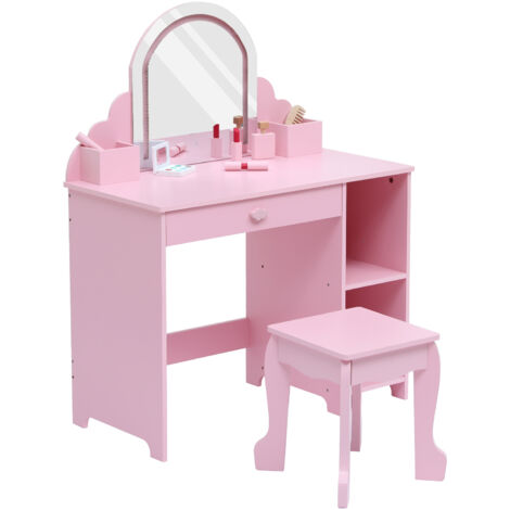 Table de Coiffeuse et Bureau 2-en-1pour Enfants+Miroir LED––Coiffeuse Maquillage et Table d’Étude+Tiroirs, Étagères Ouvertes-Rose