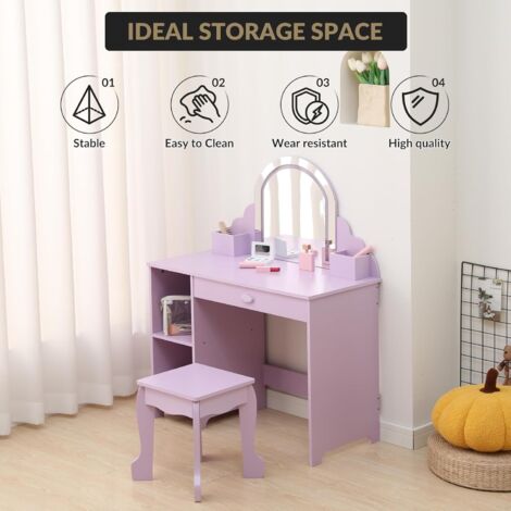 Table de Coiffeuse et Bureau 2-en-1pour Enfants+Miroir LED––Coiffeuse Maquillage et Table d’Étude+Tiroirs, Étagères Ouvertes-Violet