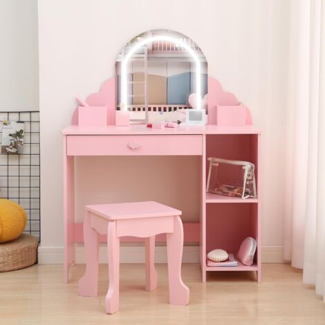 Table de Coiffeuse et Bureau 2-en-1pour Enfants+Miroir LED––Coiffeuse Maquillage et Table d’Étude+Tiroirs-Rose +accessoires