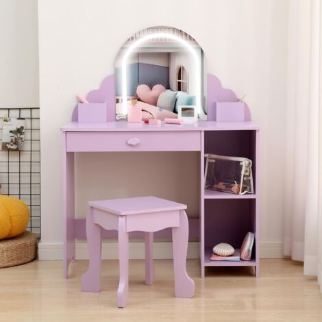 Table de Coiffeuse et Bureau 2-en-1pour Enfants+Miroir LED––Coiffeuse Maquillage et Table d’Étude+Tiroirs-Violet +accessoires