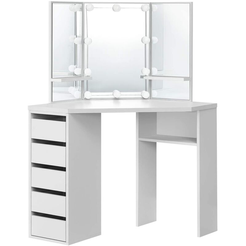 Ml-Design – Coiffeuse moderne blanche 110x54x141,5 cm – Éclairage LED – 3 miroirs – 5 tiroirs – 3 étagères de rangement – Bois MDF