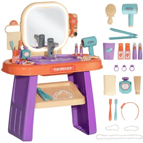 Table de coiffure enfant avec miroir LED, musique, robinet et design violet, 55x29x71 cm