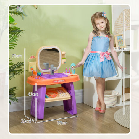Table de coiffure pour enfants avec éclairage LED, robinet et musique, design violet, dimensions 55x29x71 cm